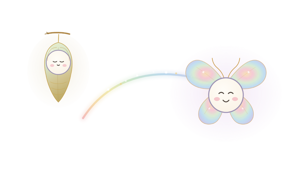 小さな自分(蛹のレイ)と、ひらいた自分(蝶のレイ)を、虹の光の道がつなぐ。
