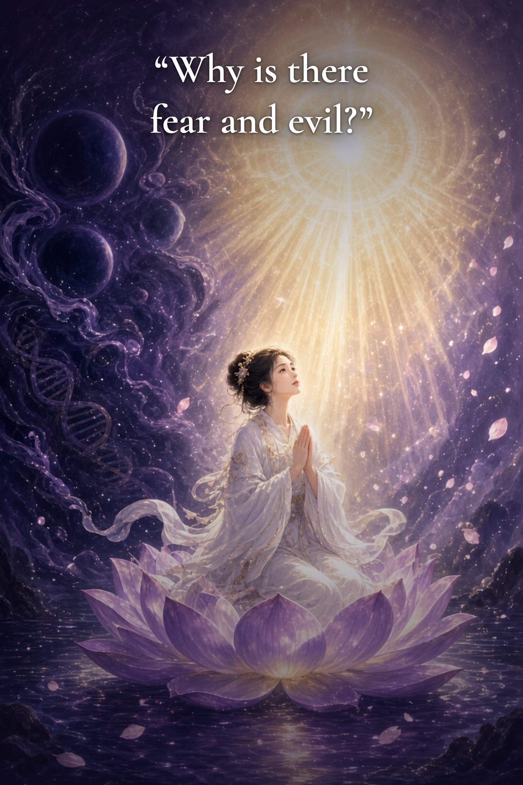 A figure on a lotus, looking up in prayer. “Why is there fear and evil?”