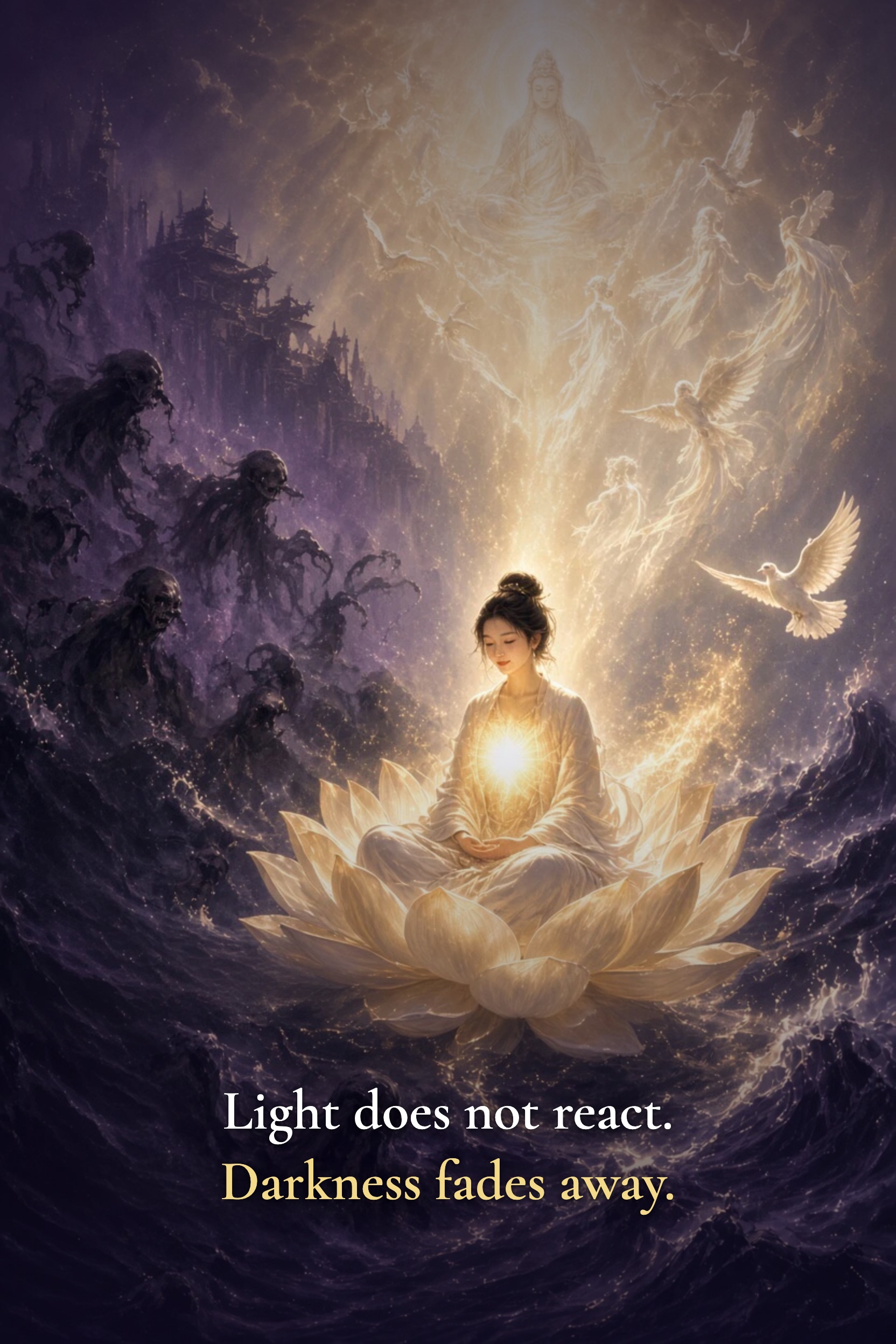 A figure on a lotus of light, beyond the dark waves; a white bird and a Kannon-like light. Light does not react. Darkness fades away.