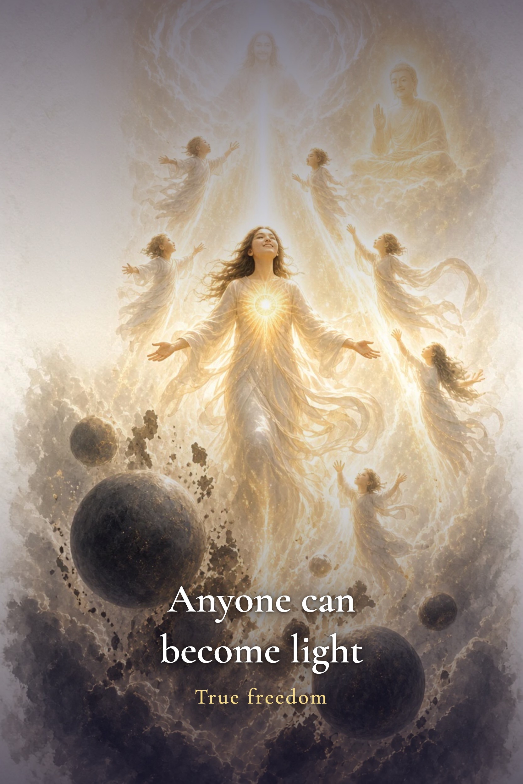 A person rising, becoming light, others following; the heavy spheres sink below. Anyone can become light — true freedom.
