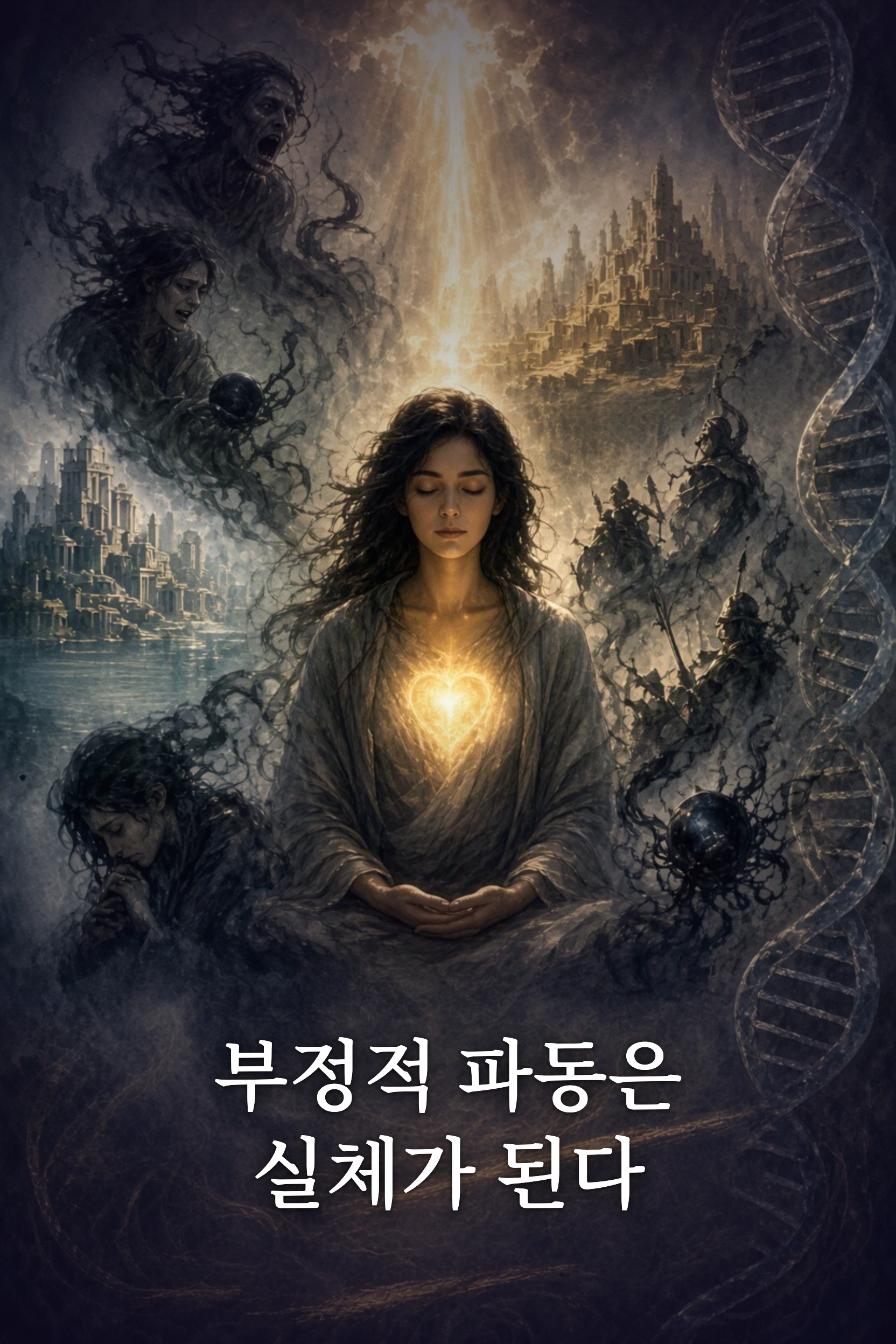 명상하는 사람의 가슴에 따뜻한 빛, 무거운 파동 속에서. 부정적 파동은 실체가 된다.