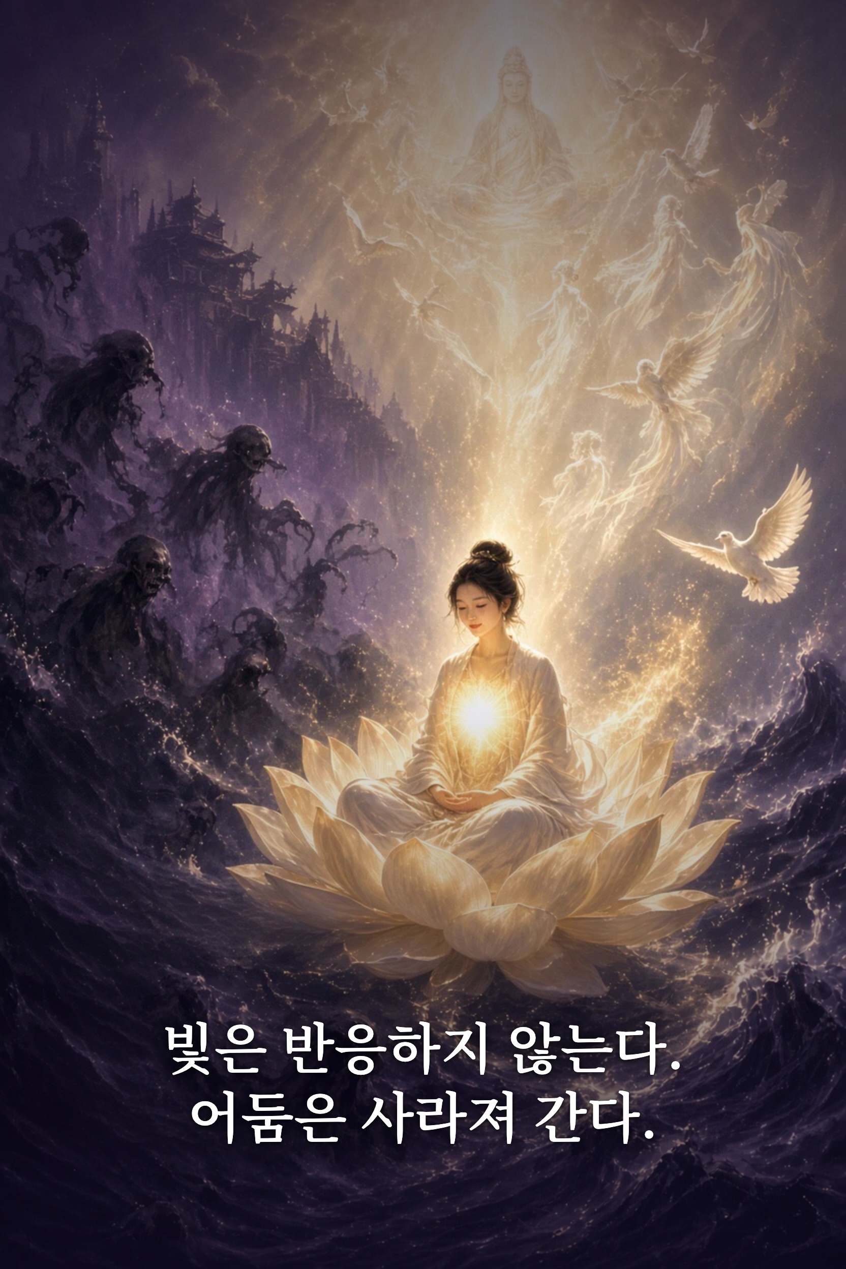 빛의 연꽃 위, 어두운 물결을 넘어 하얀 새와 관음 같은 빛. 빛은 반응하지 않는다. 어둠은 사라져 간다.