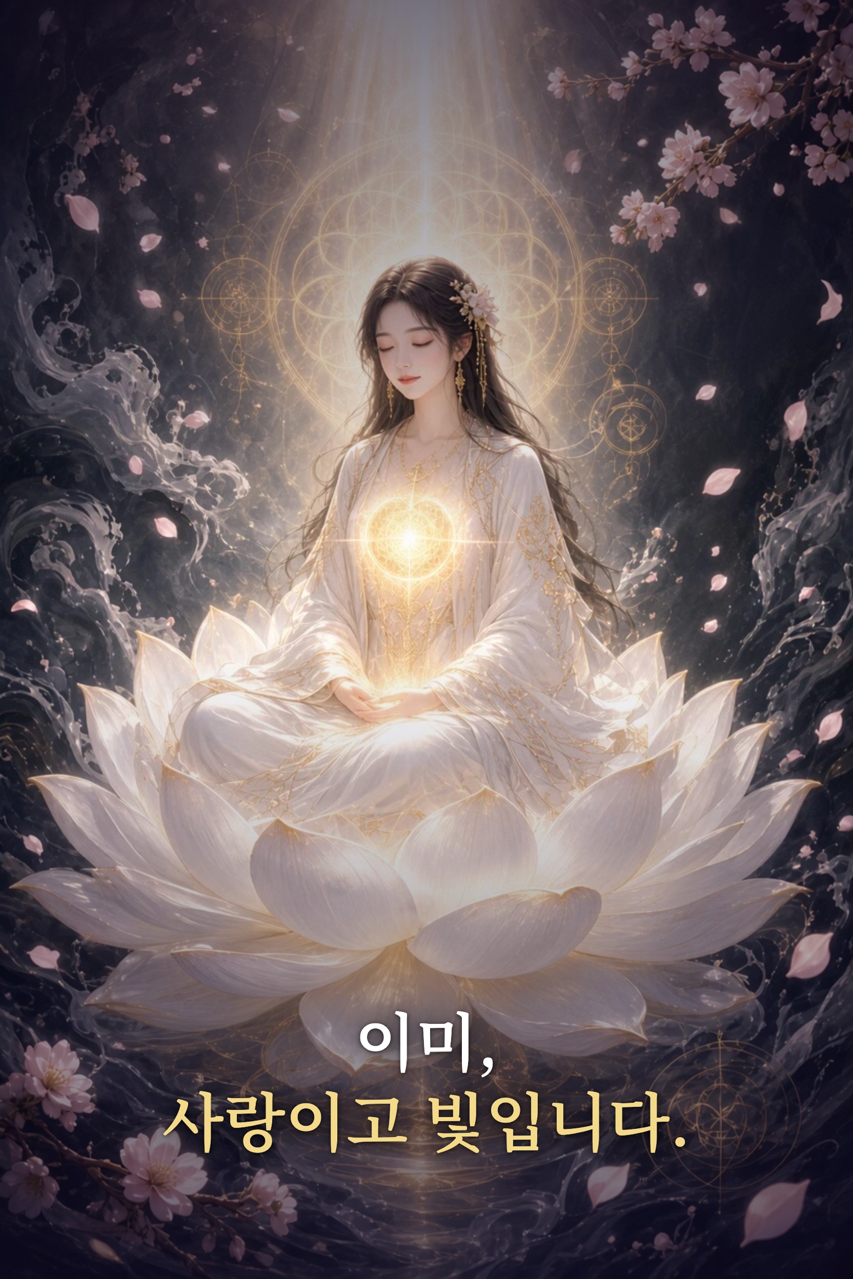 벚꽃잎과 금빛 속, 하얀 연꽃 위에 고요히 앉은 사람. 이미, 사랑이고 빛입니다.