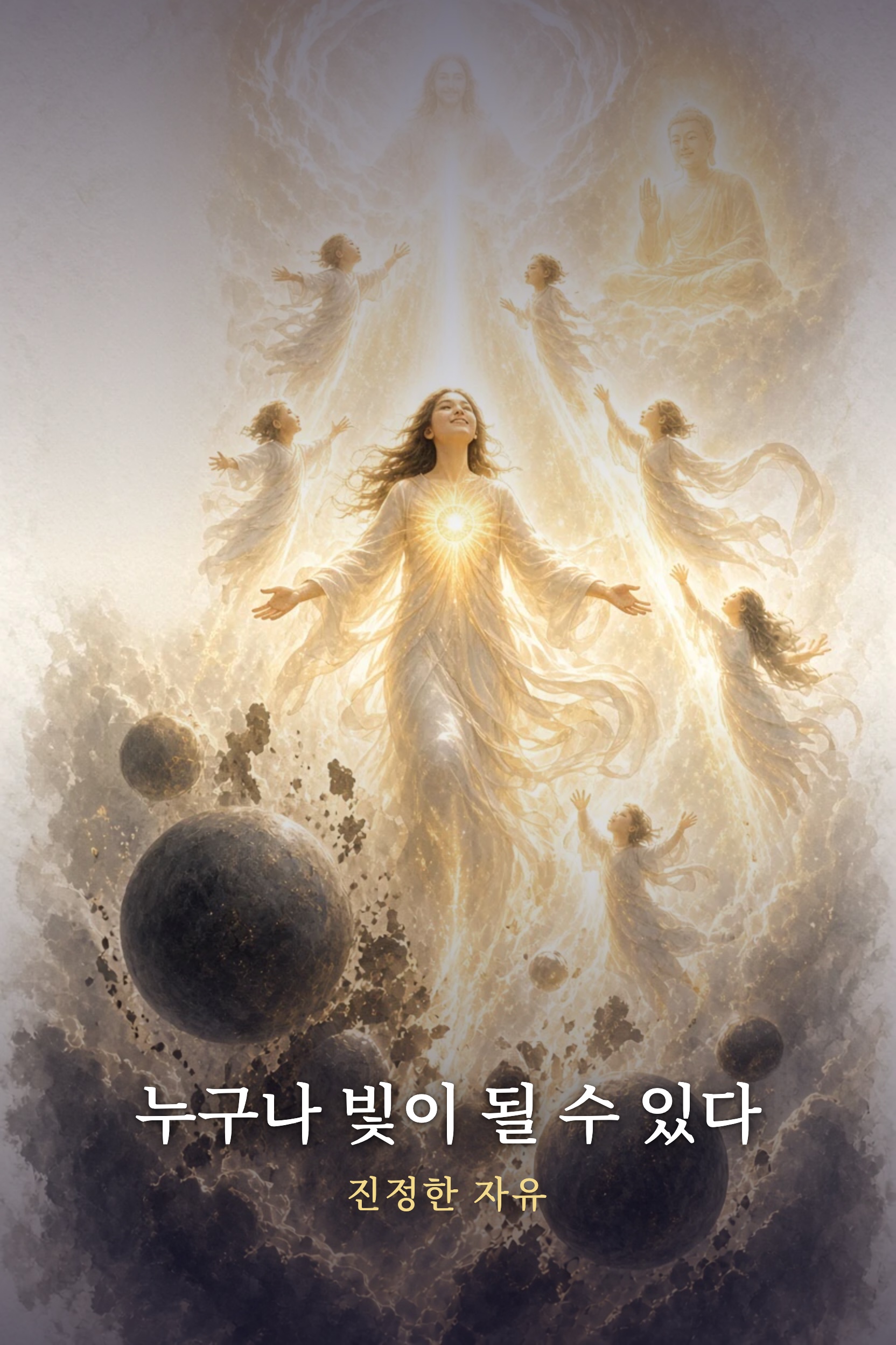 빛이 되어 오르는 사람과 뒤따르는 사람들, 무거운 구체는 아래로. 누구나 빛이 될 수 있다 — 진정한 자유.